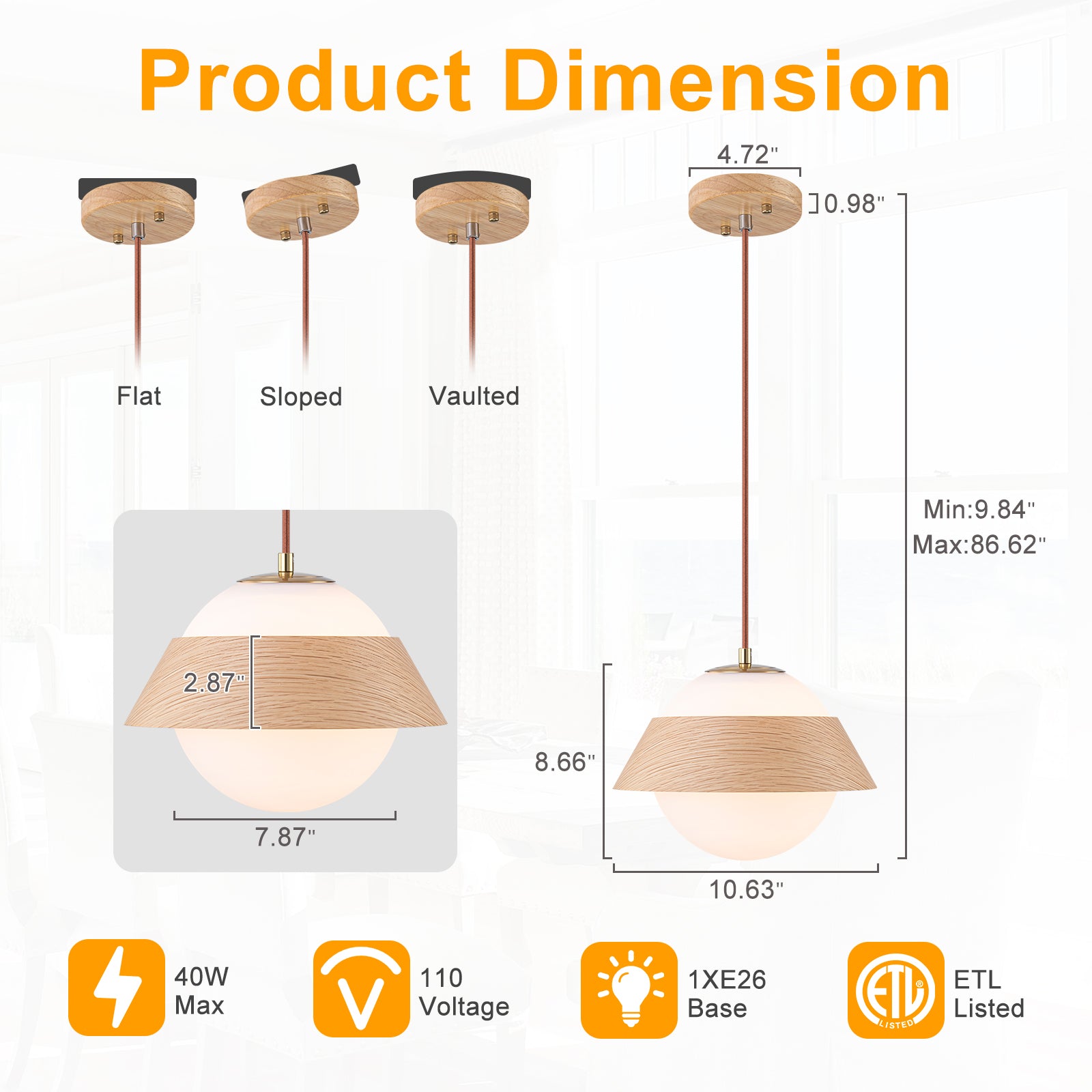 10.63 in. 1-Light Wooden Globe Hanging Pendant Light with White Glass Shade for Kitchen Island, Bedroom
