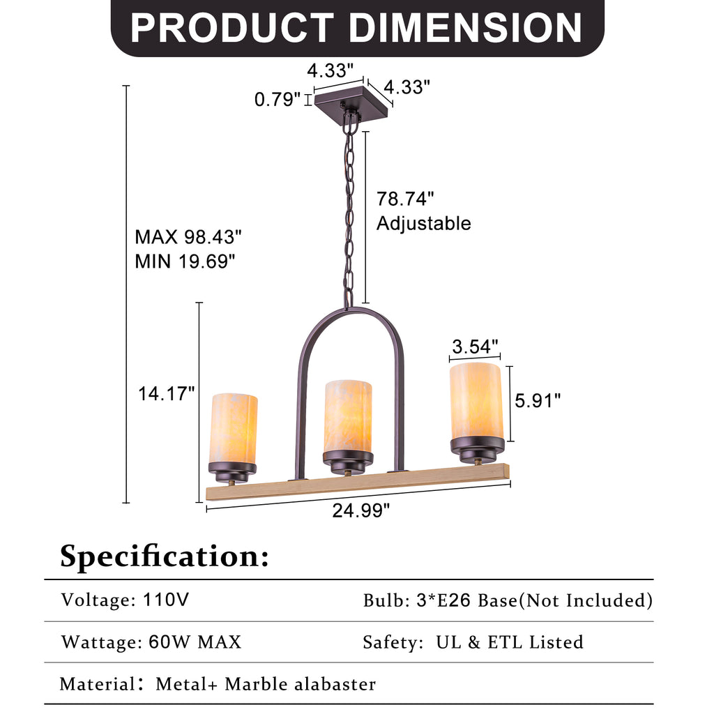 25 in. 3-Light Rustic Industrial Onyx Pendant Light w/Faux Wood Accent & U-Shaped Iron Frame