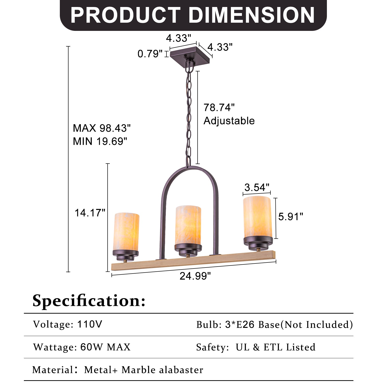 25 in. 3-Light Rustic Industrial Onyx Pendant Light w/Faux Wood Accent & U-Shaped Iron Frame