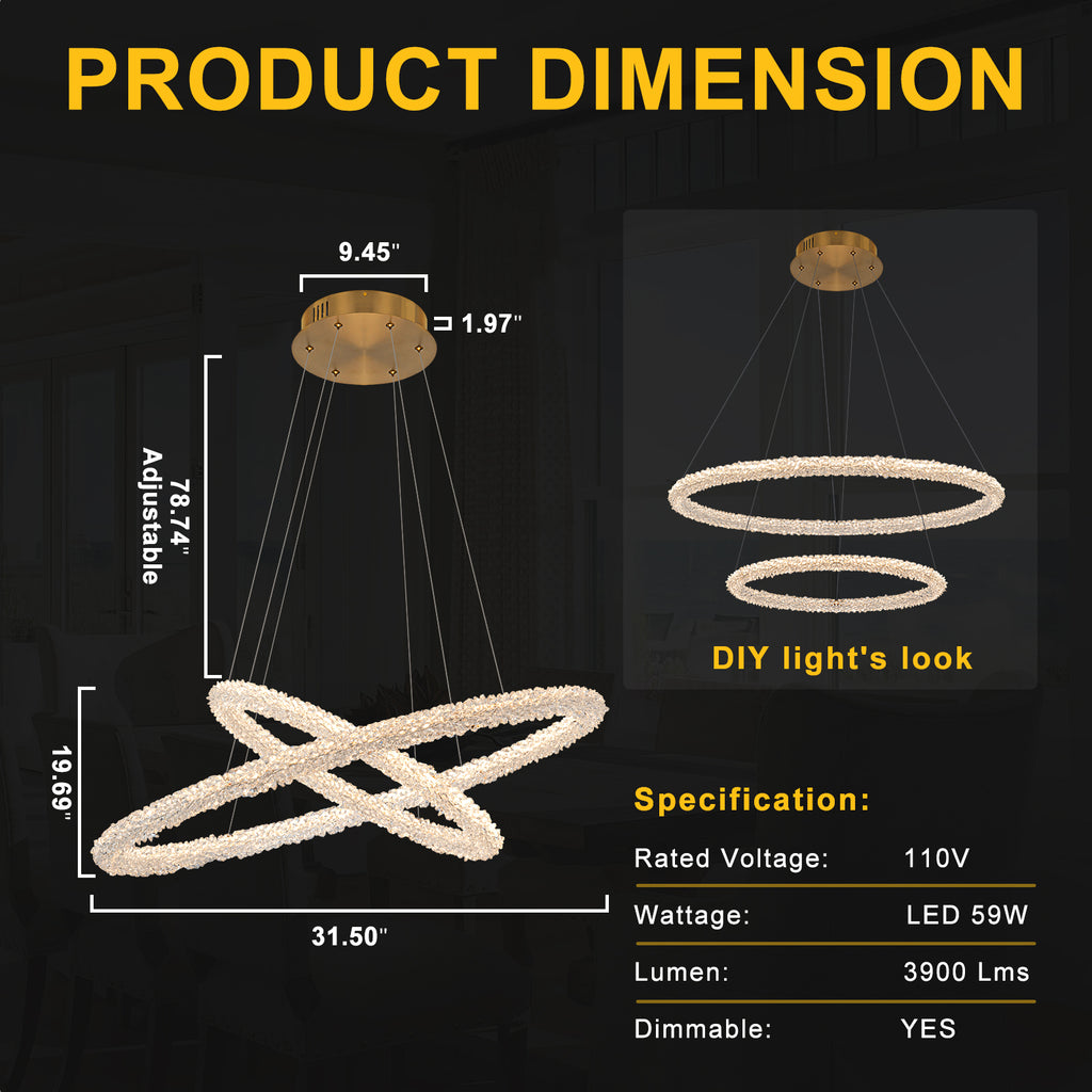 2-Light Modern Gold Double Ring Dimmable Integrated LED Chandelier Tiered Pendant Light with Crystal for Dining Room