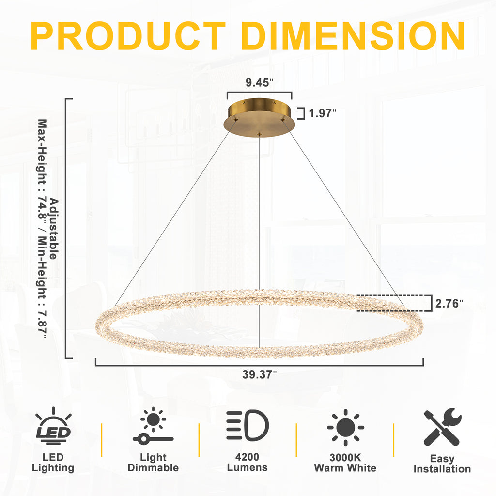 1-Light Modern Gold Metal Ring Crystal Integrated LED Pendant Light Dimmable Chandelier for Dining Room