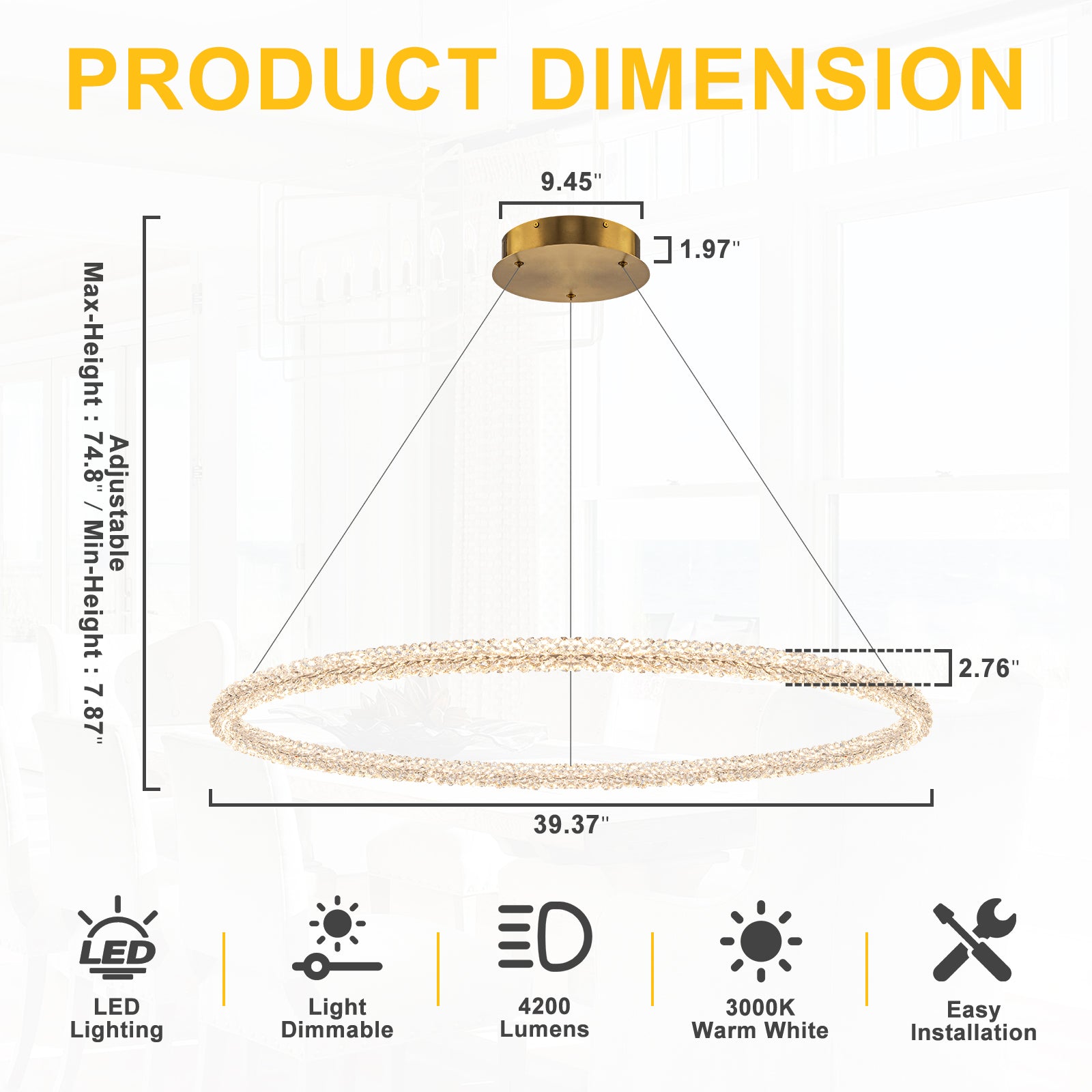 1-Light Modern Gold Metal Ring Crystal Integrated LED Pendant Light Dimmable Chandelier for Dining Room