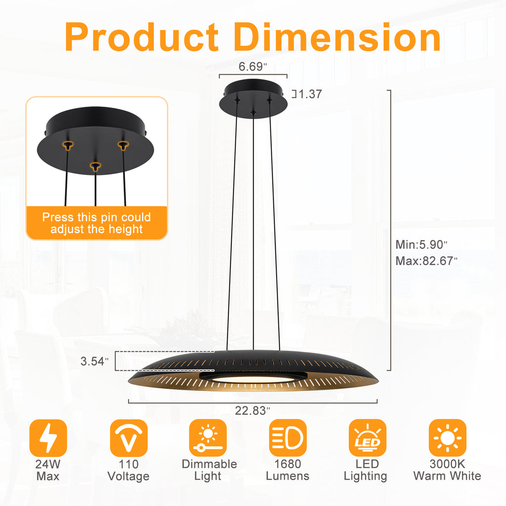 24-Watt 1 Light Modern Black Dome Dimmable LED Pendant Light Chandelier with Metal Shade for Dining Room, Kitchen Island