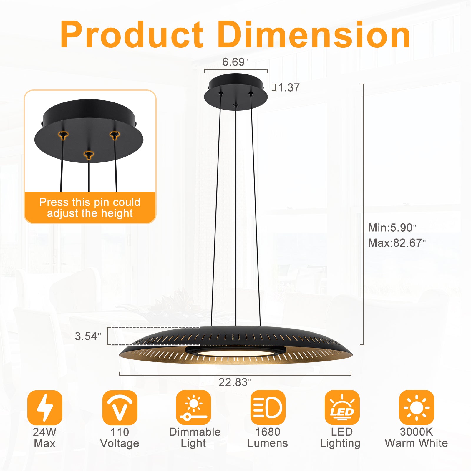 24-Watt 1 Light Modern Black Dome Dimmable LED Pendant Light Chandelier with Metal Shade for Dining Room, Kitchen Island